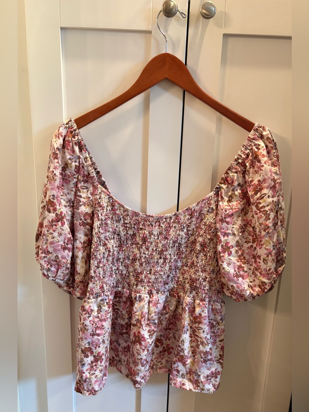 Auguste the Label Linen Floral Smocked Puff-Sleeve Top - Pink Size Medium
